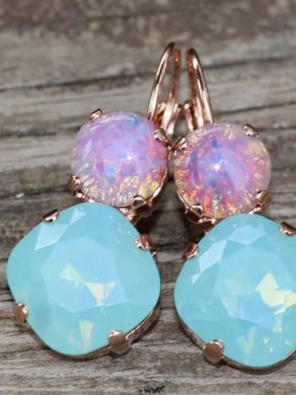 Pacific Mint Opal & Fire Opal Earrings,Vintage Pink Glass Opal,Rose Gold Cushion